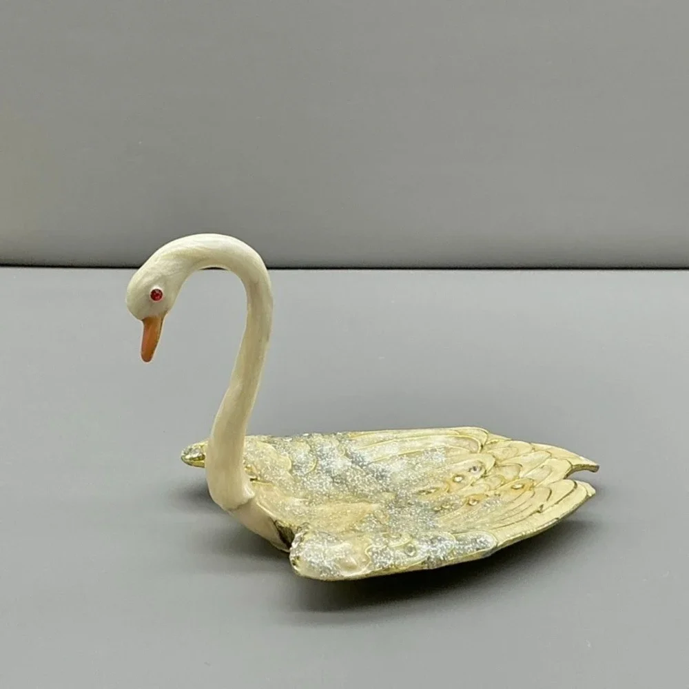 Swan Ring Holder Trinket Dish White Gold Glitter Rhinestone Jewelry Vanity Decor